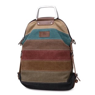 Panelled Sripe Canvas Backpack Women Vintage Female Backpac