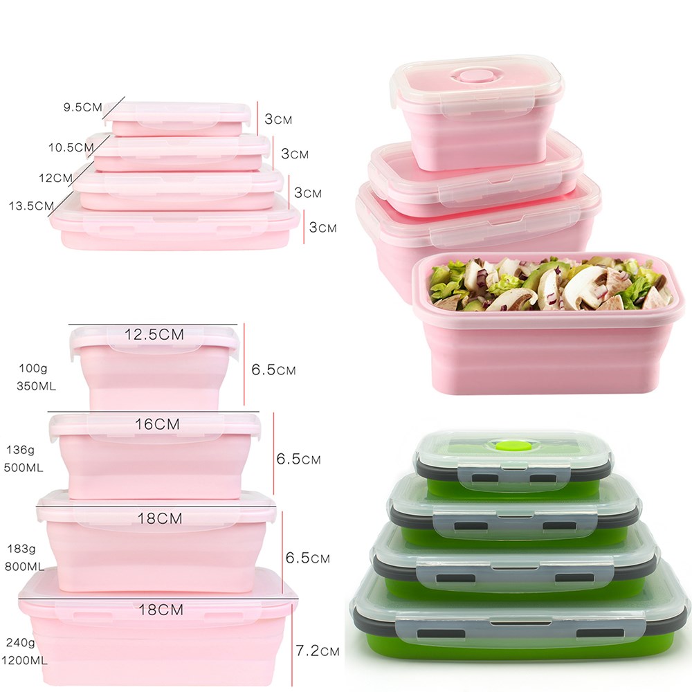 4Pcs/set Silicone Folding Bento Box Collapsible Portable