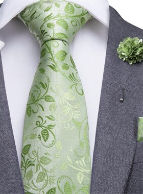 Hi-Tie Men Silk Tie Grass Green Ties Floral Necktie Boutonni