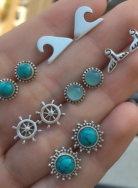 Navy series fishtail rudder blue jewel ear stud