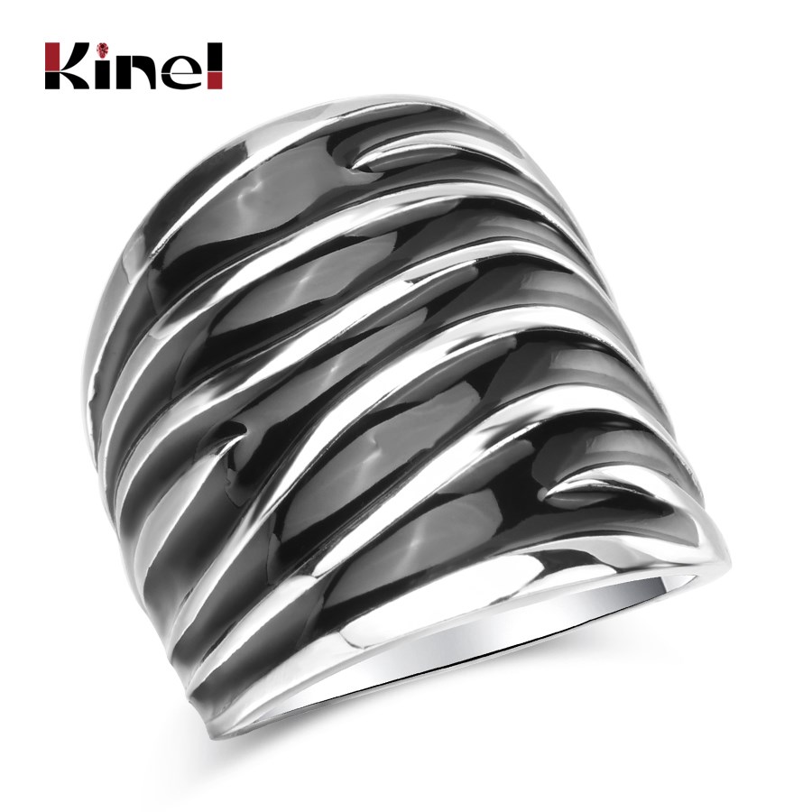 Kinel Unique Punk Rock Black Enamel Big Ring Fashion Wave P