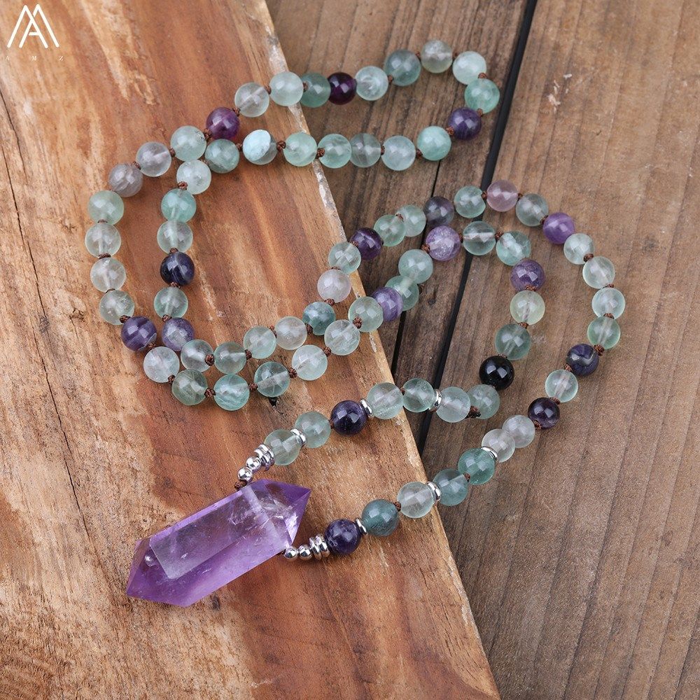 108 mala beads natural rainbow fluorite stone yoga necklace