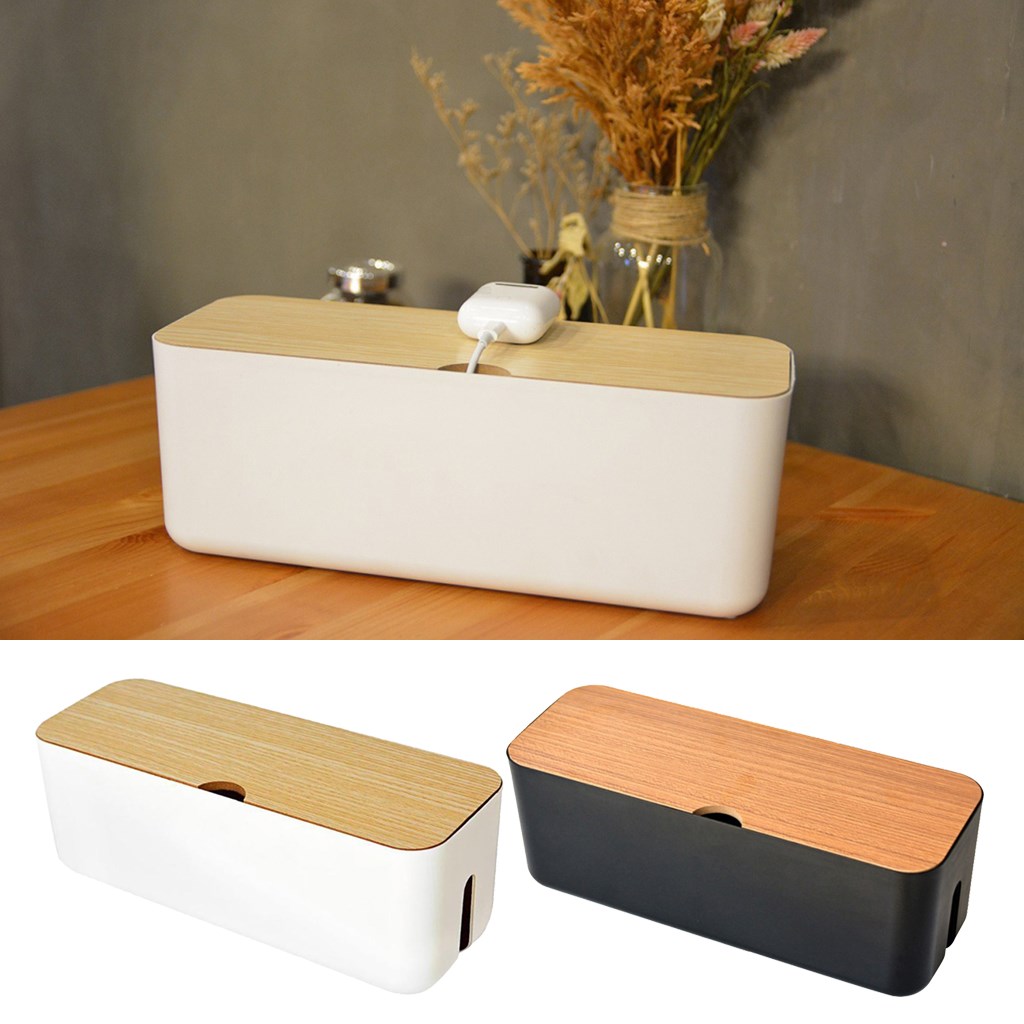 Cable Management Box, 11x4x4.5'', Wood Lid, Cord Organizer