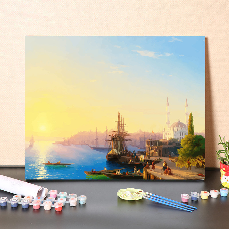 diy数字油画手工填充画家艾瓦佐夫斯基经典名画夕阳沙滩海景帆船