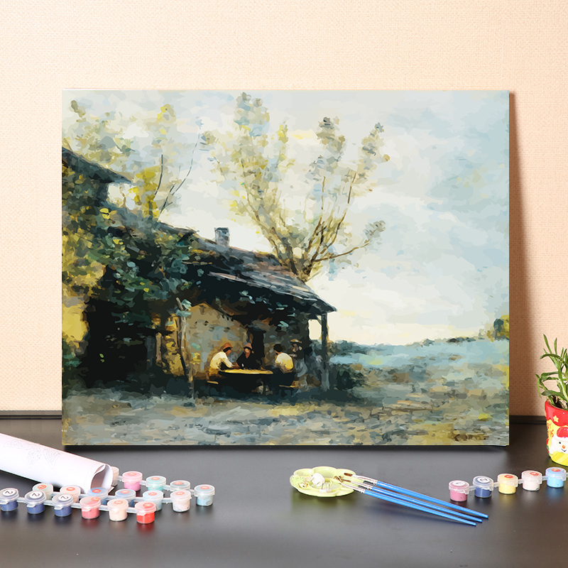 diy数字油画手工填充画家科罗经典名画欧洲农村小屋风景装饰画