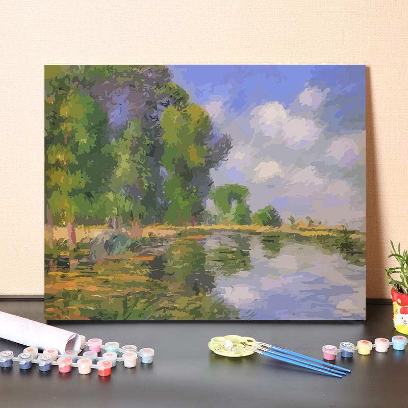 数字油画diy填充印象派画家卢瓦索经典名画河边树木风景画装饰画