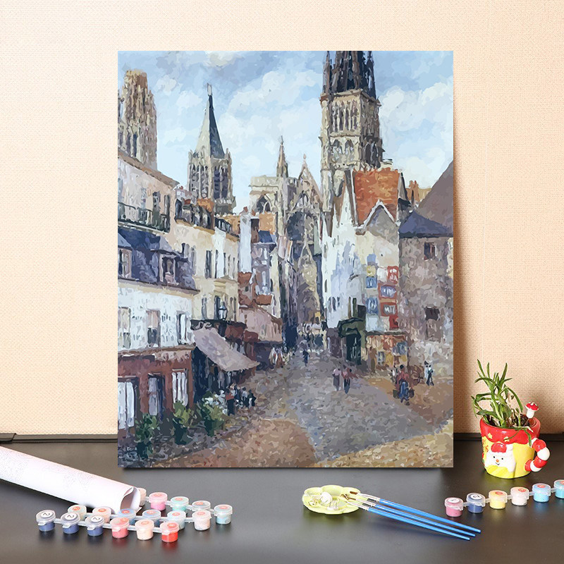 数字油画diy手工填充毕沙罗经典名画欧洲城市街景绘画涂色画装饰