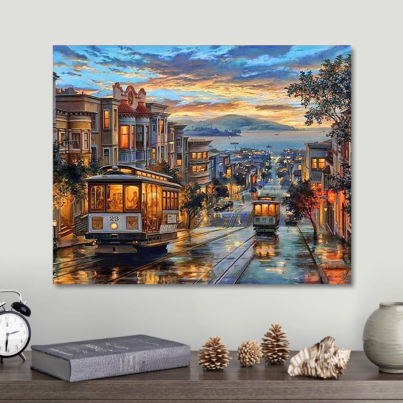 数字油画diy油彩画客厅风景填色手工绘画填充填色装饰画夜色电车