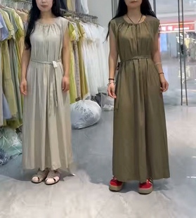 夏季 背心天丝棉连衣裙女 法式 慵懒风圆领褶皱系带设计宽松休闲无袖