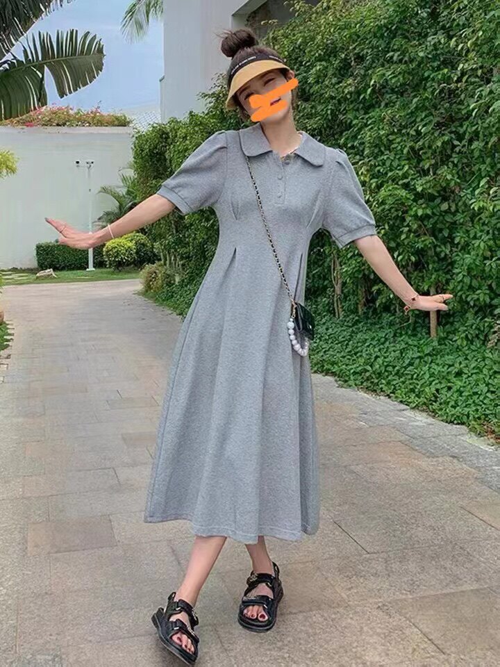 倩姿灰色polo领连衣裙女新品韩系休闲T恤裙设计感收腰显瘦A字裙潮