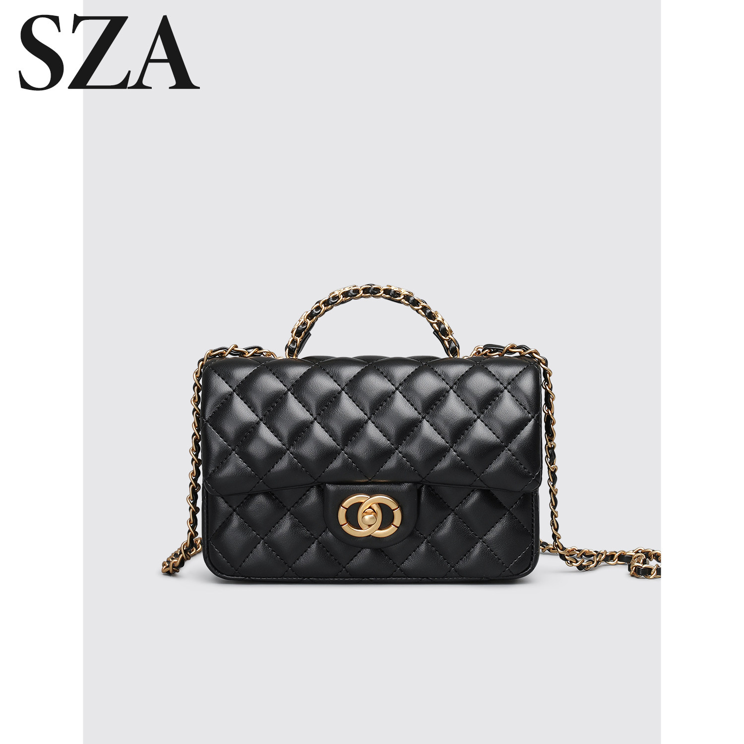 SZA小香风菱格链条小方包女高级感黑色单肩斜挎包百搭时尚手提包