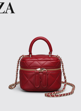 SZA手提盒子包女菱格链条斜挎包高级感红色小包包斜背包小方包