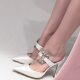绸缎拖鞋 春夏仙女风尖头细跟高跟鞋 女水钻一字带包头凉鞋 白色凉拖