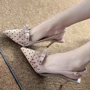 尖头浅口细跟单鞋 蝴蝶结包头高跟鞋 凉鞋 波点网纱法式 女2025夏新款