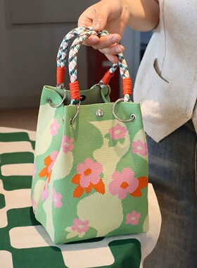 日韩针织手拎便携上班外出杂物大容量手提袋便当包小方包妈咪包女