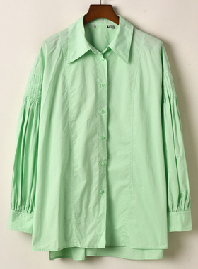艾诺丝系列韩版百搭修身休闲时尚中长款设计感简约绿色衬衫长袖