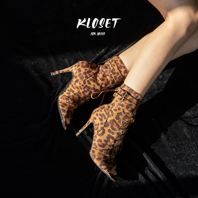 原创豹纹性感爵士专用舞蹈鞋系带短筒高跟鞋舞鞋软底短靴heels女