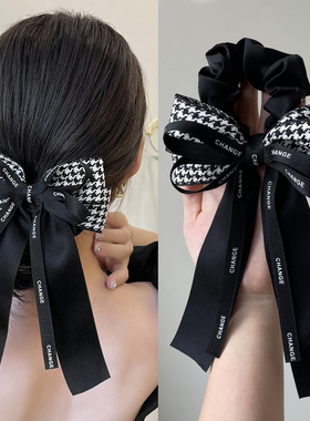 黑色蝴蝶结头饰大肠发圈女高级感千鸟格头绳扎头皮套法式飘带发绳