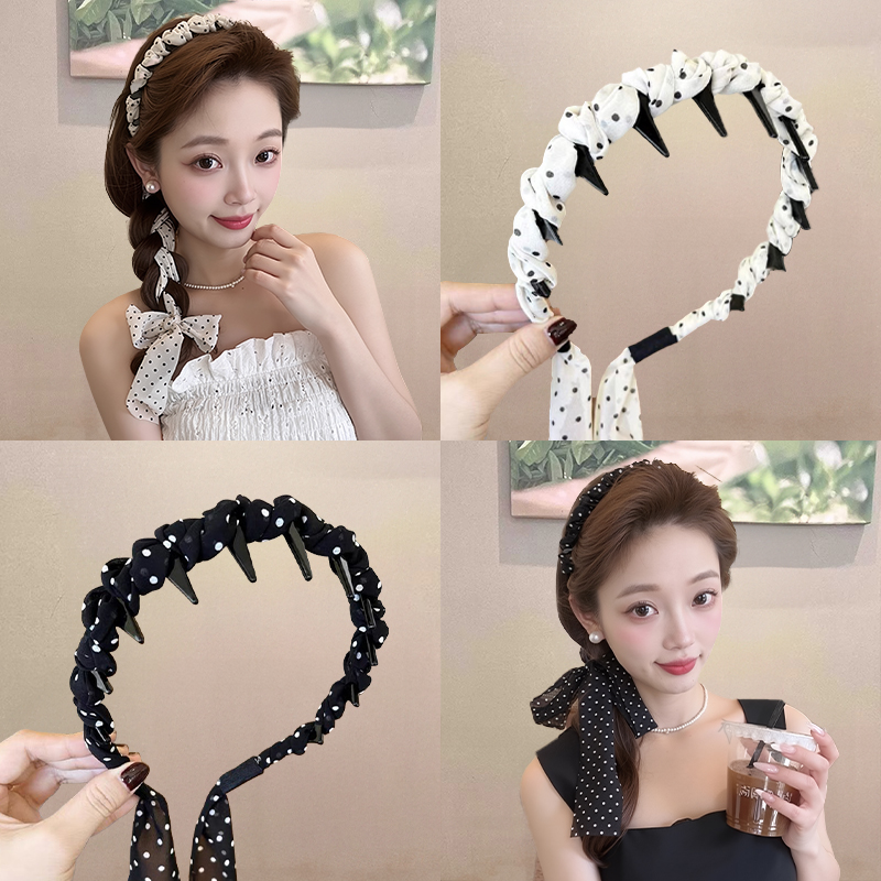 雪纺波点飘带发箍编发一体式
