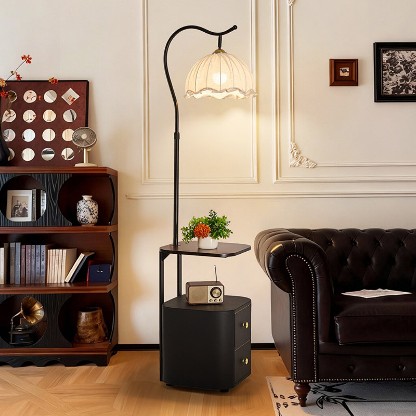 法式奶油风床头柜落地灯中古实木置物架一体立式台灯客厅氛围灯具