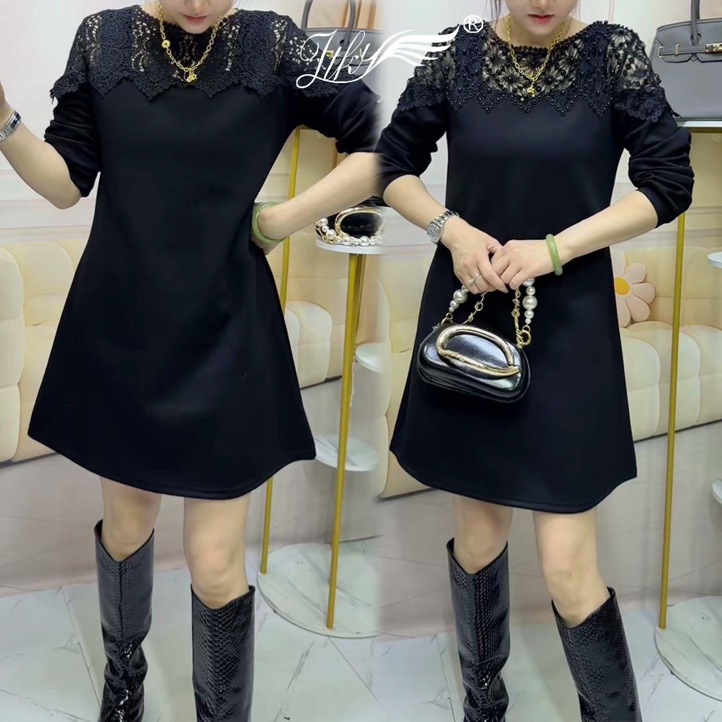 摩登时髦设计感时尚连衣裙女2026春季新款圆领蕾丝拼接长袖小黑裙,女装/女士精品,连衣裙,淘宝优惠券,粉丝福利购,淘宝优惠卷