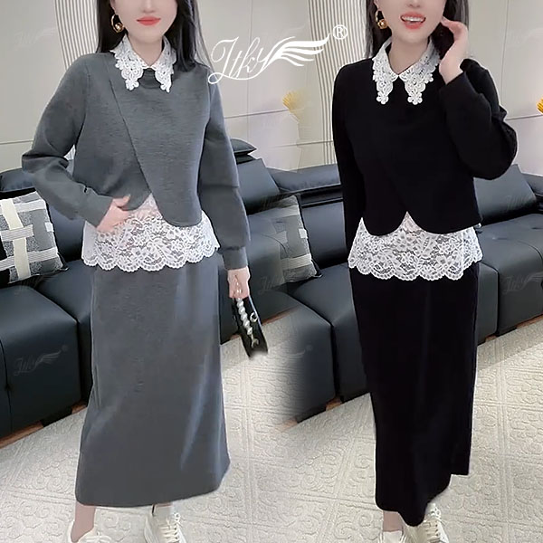 2025洋气时尚休闲套装女韩系设计感蕾丝拼接卫衣+半身裙两件套女