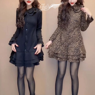 秋冬黑色娃娃领荷叶边小黑裙