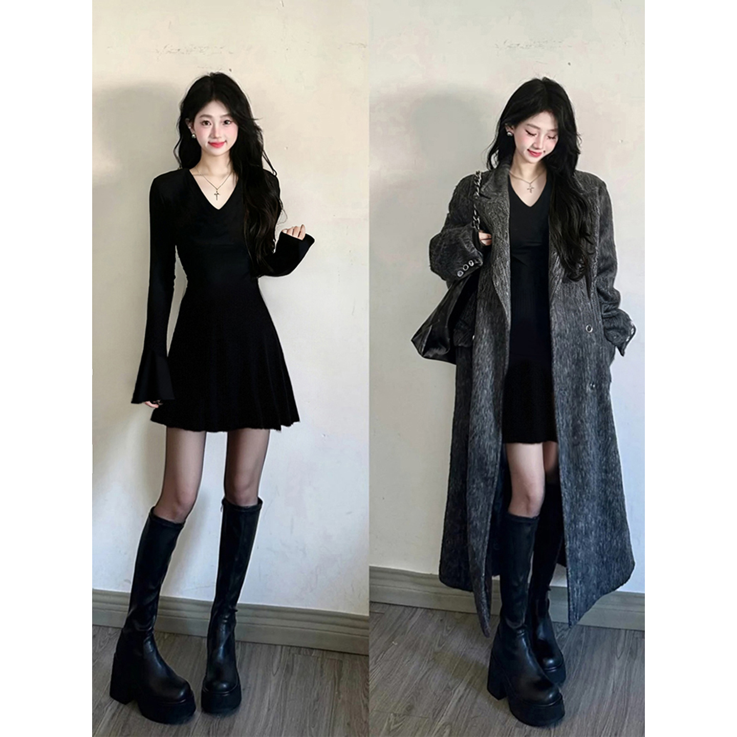 黑色长袖针织连衣裙短款