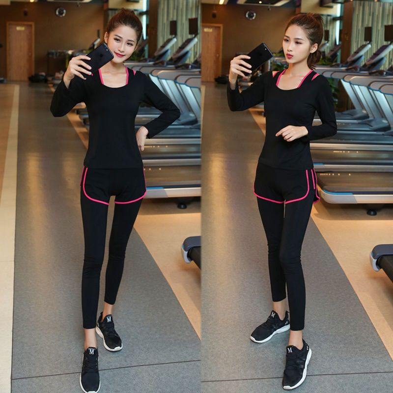新品秋冬专业瑜伽服运动套装女长袖三件套莫尔棉显廋跑步健身服