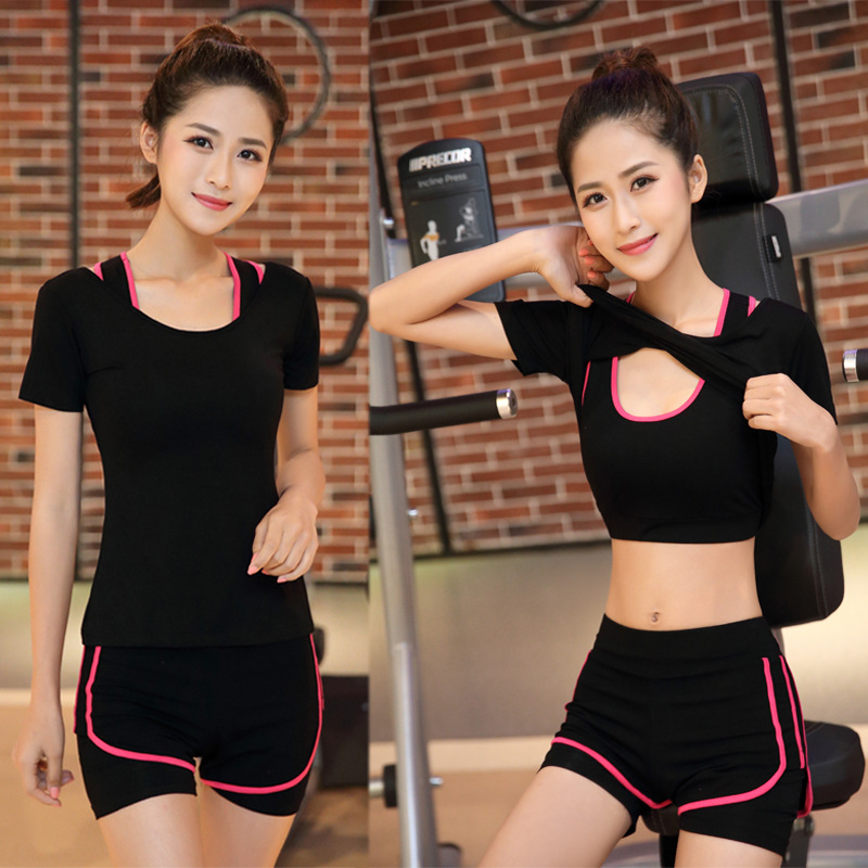 新品夏季健身房瑜伽服运动套装女三件套莫尔跑步显瘦防走光短裤