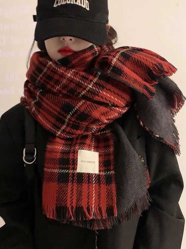 大媛家Sunny 圣诞围巾女冬季百搭红色格子围脖情侣加厚保暖披肩