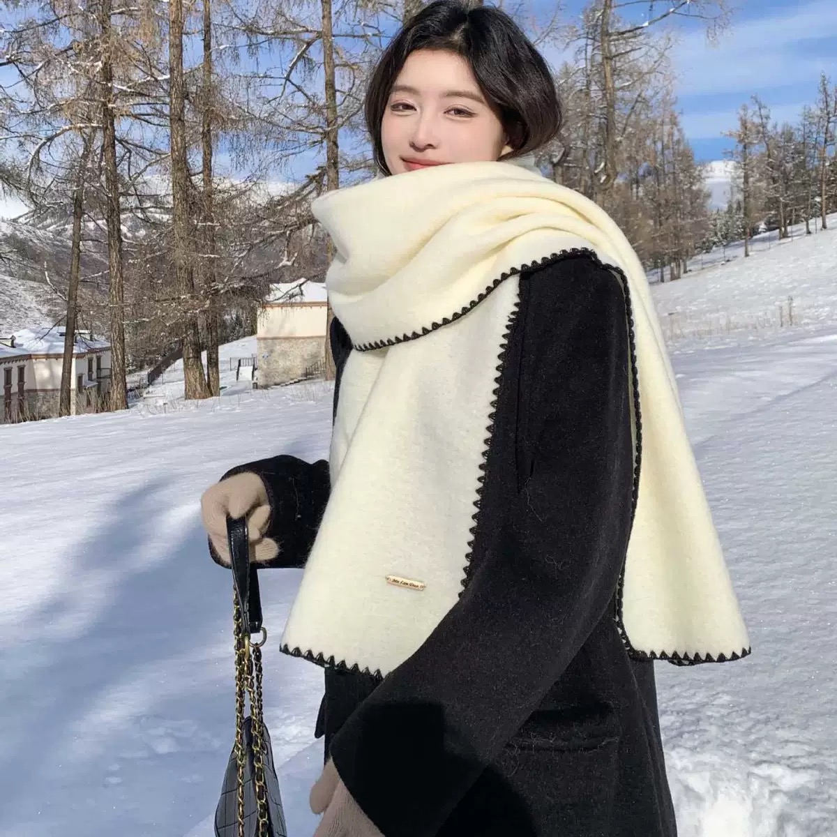 大媛家Sunny 韩系氛围感小香风锁边仿羊绒围巾女高级感保暖披肩