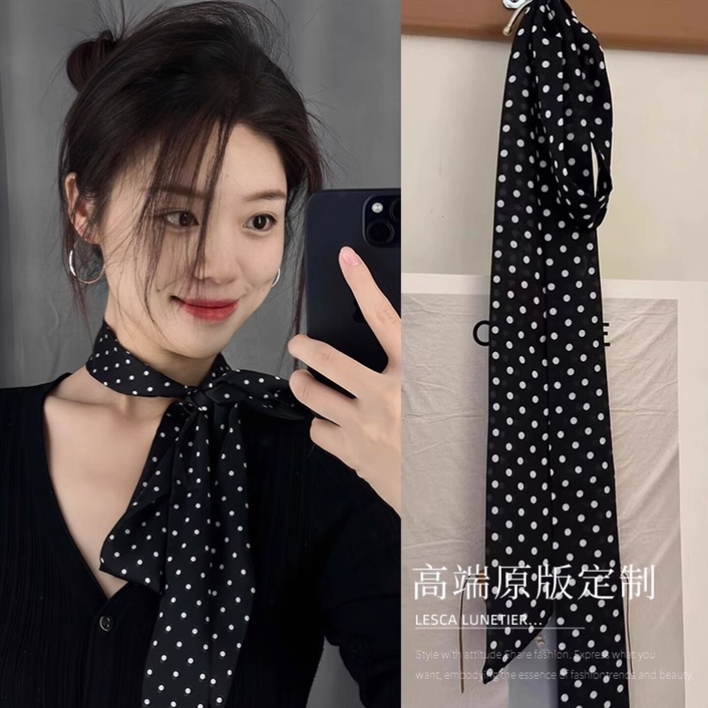 黑色波点丝巾轻奢高档小方巾女脖饰发带秋季丝带新款百搭搭配衬衫