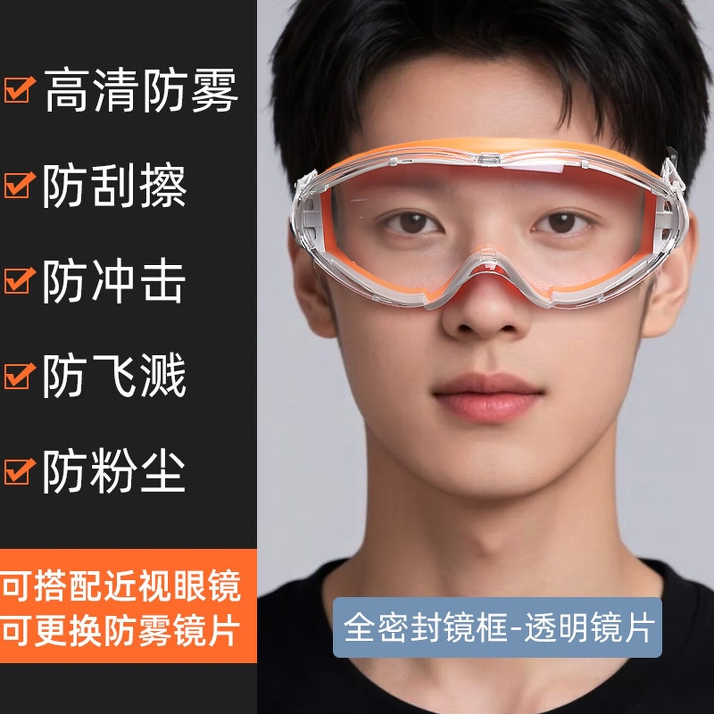 防护眼镜护目镜防灰尘不起雾可戴眼镜劳保防飞溅水防风防花粉男女