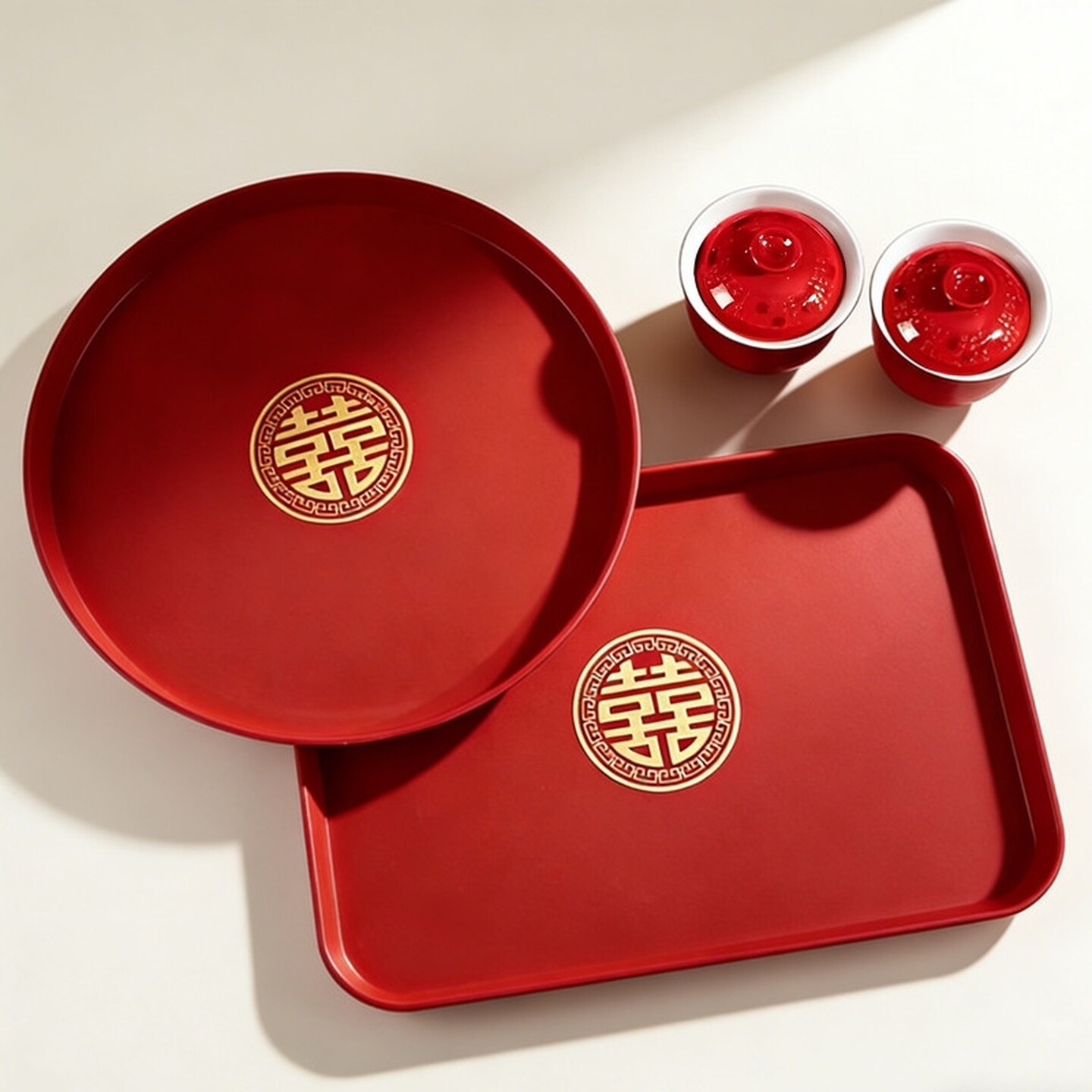 红色茶盘家用放茶杯喜事敬茶塑料托盘长方形食品级喜盘结婚酒水盘