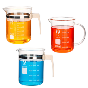 蜀牛玻璃带柄烧杯实验室烧杯带把手带刻度塑料柄烧杯实验器材耐高温食品级北玻博美量杯250/500/1000ml毫升