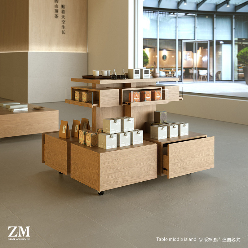 中岛台咖啡厅茶室文创店器皿杯子精品展示柜陈列台移动轮中间摆放