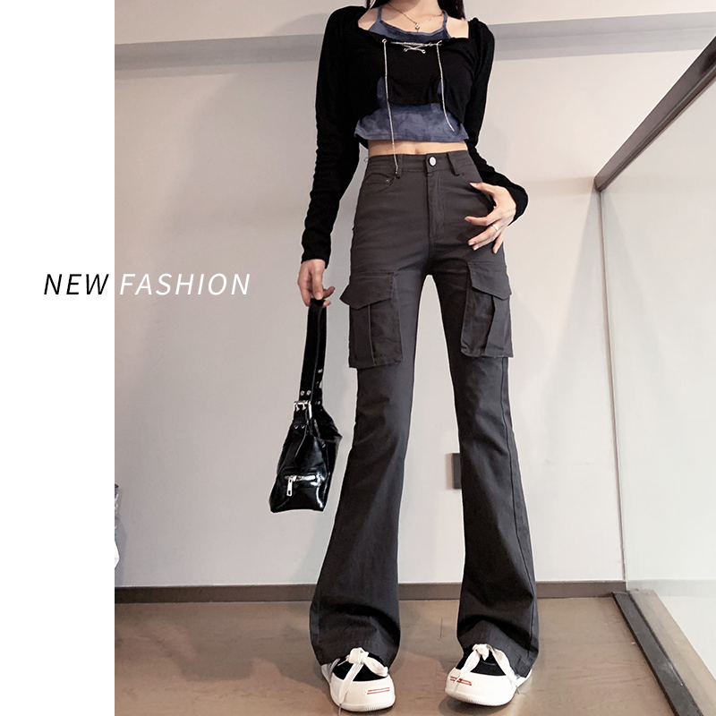 美式工装裤d女春装2024年新款多口G袋灰色垂感微喇牛仔裤高腰喇叭