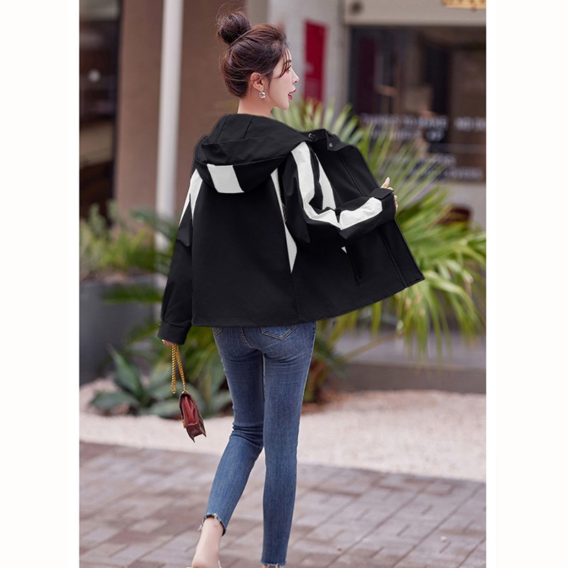 短外套2024h春秋季新款小个子休闲F宽松拼色连帽夹克中长款风衣女