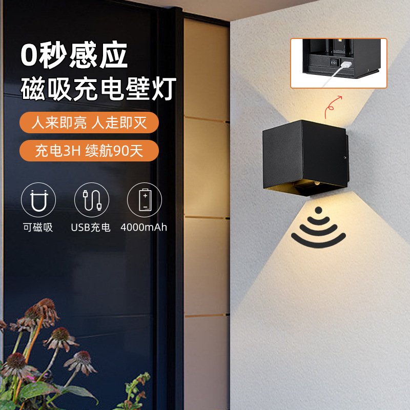 新现代简约磁吸LED感应壁灯USB充电免布线酒店床头夜灯高级过道灯