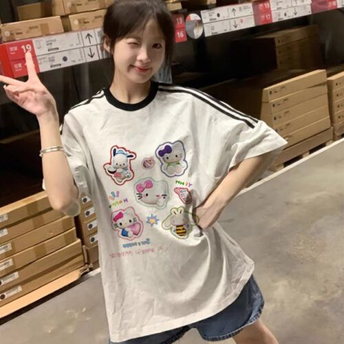 美式三条杠短袖ht恤13少女12大童15初中高中学生宽.松半袖上衣
