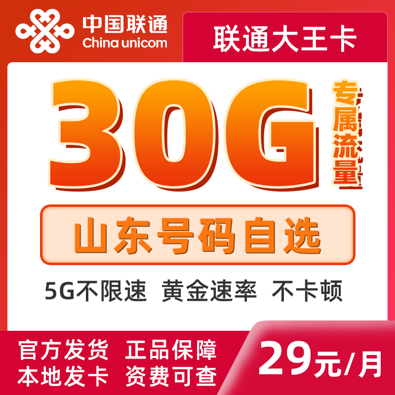 中国联通手机卡大王卡济南归属地手机卡可选号大流量全国通用套餐