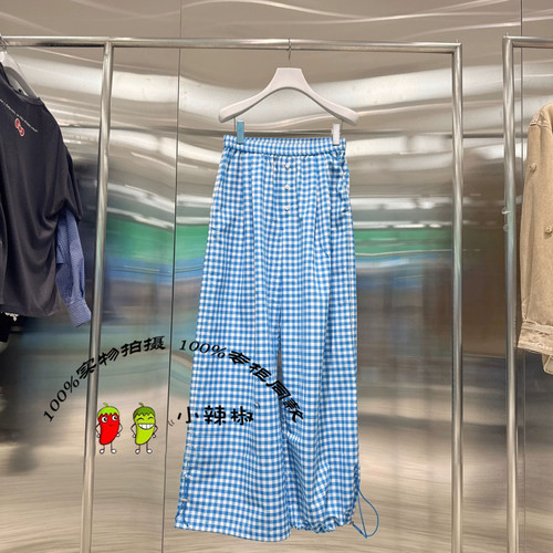 【鞠婧祎同款】芮范设计师款蓝白色格纹休闲裤RL71301063