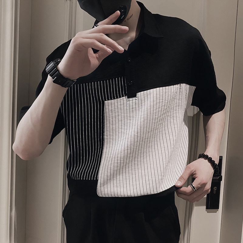 VINTAGE CONTRASTING POLO SHIRT SHORT SLEEVE MENS HANDSOME STRIPED PATCHWORK T-SHIRT SUMMER FASHION THREE-QUARTER SLEEVE T-SHIRT TIDE
