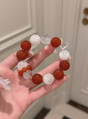 冰糖荔枝|14mm天然雪花幽灵红玛瑙白阿赛水晶双尖串珠手链手串女
