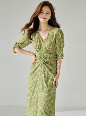 26春季新绿色法式V领泡泡袖收腰松紧抽褶玫瑰印花长款连衣裙清仓