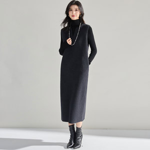 26冬级感灰色羊绒天丝羊毛双面呢通勤直筒宽松无袖连衣裙