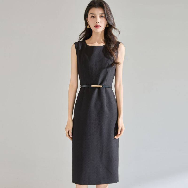 26春新气场的西装裙气质显瘦行政裙纯色无袖中长连衣裙黑色
