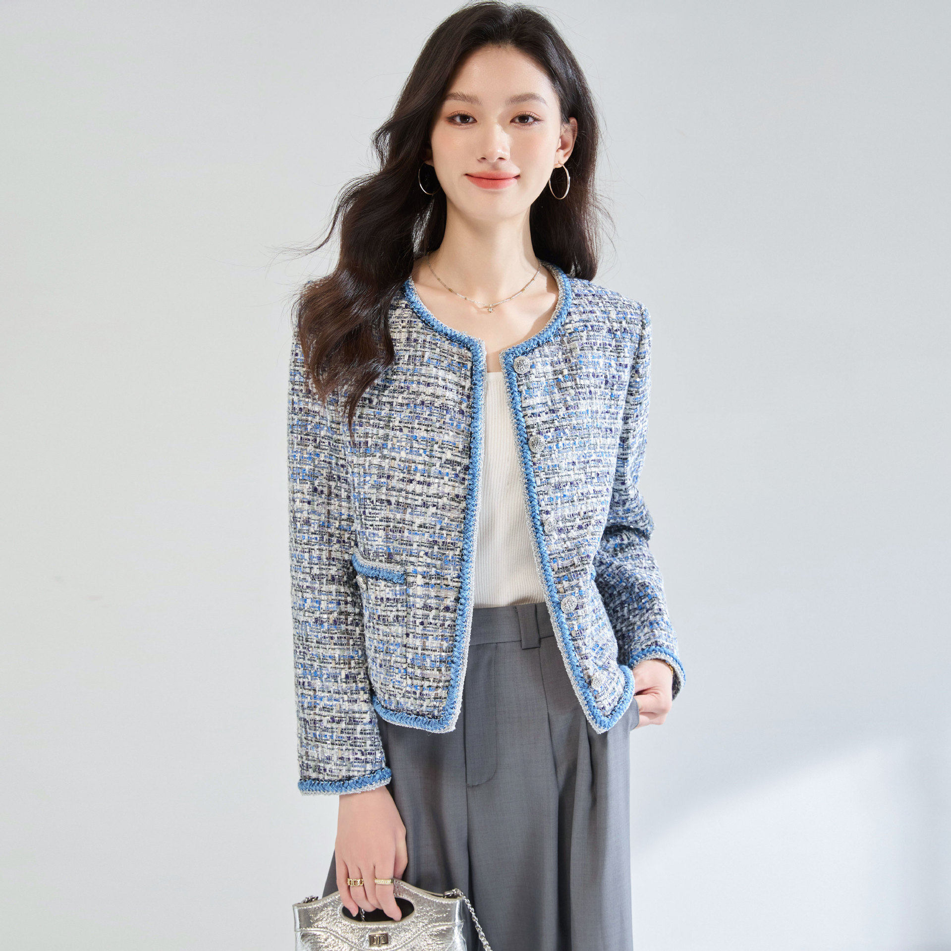 26春季高级感重工编织蓝色亮丝小香粗花呢外套名媛气质上衣