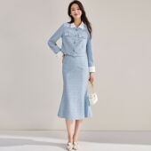 设计感蓝色拼接外套鱼尾半身裙两件套 小香风粗花呢套装 26春季 时尚